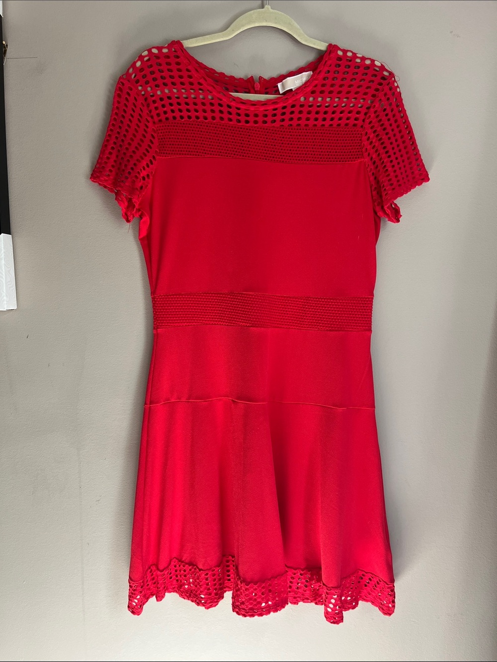 Michael Kors Stretch Crepe Mesh Panel Mini Short Sleeve True Red size large